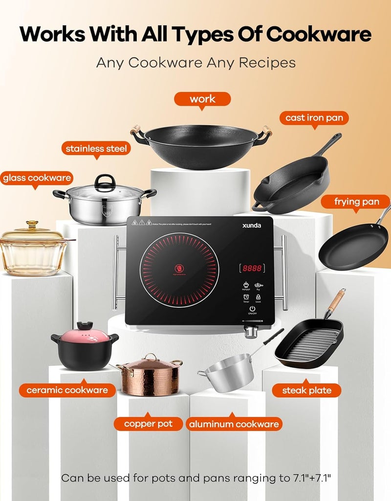 Xunda 1800W Portable Electric Stove, 110v Electric Burner with Carry Handle Hot Plate, Ceramic Infrared Single Burner Cooktop, Touch & Knob Control Timer, Safety Lock (Black) - Image 2